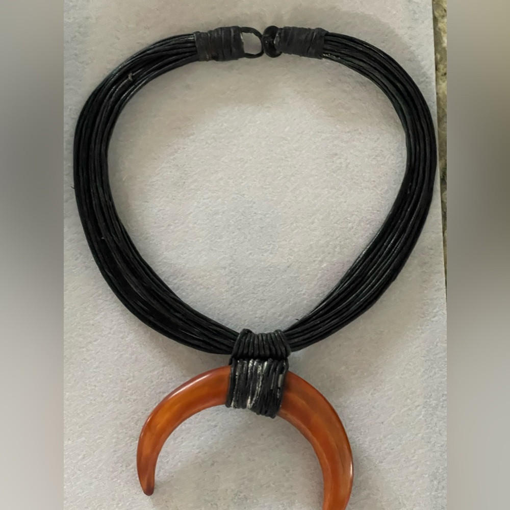 Vintage Leather strap choker necklace with crescent shaped ornament